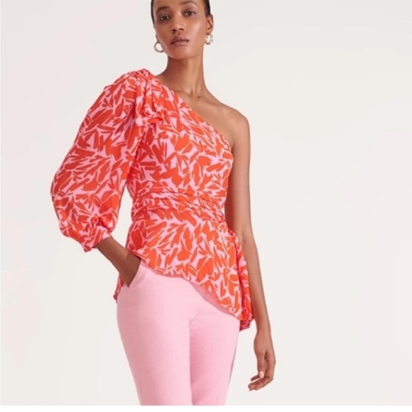 Veronica Beard Vida Poppy Top multi size 0 One-Shoulder Red Patterned Top - Picture 3 of 7